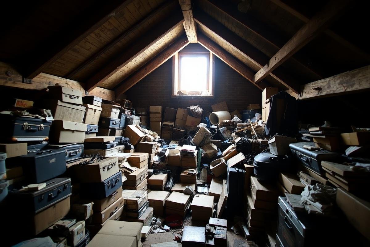 Cluttered loft with stored household items before house clearance