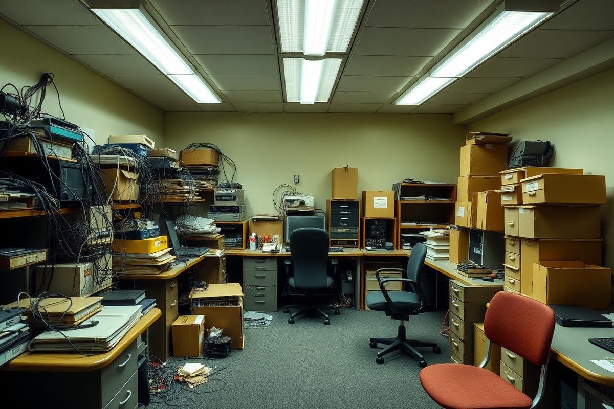 Cluttered office with furniture and equipment before clearance