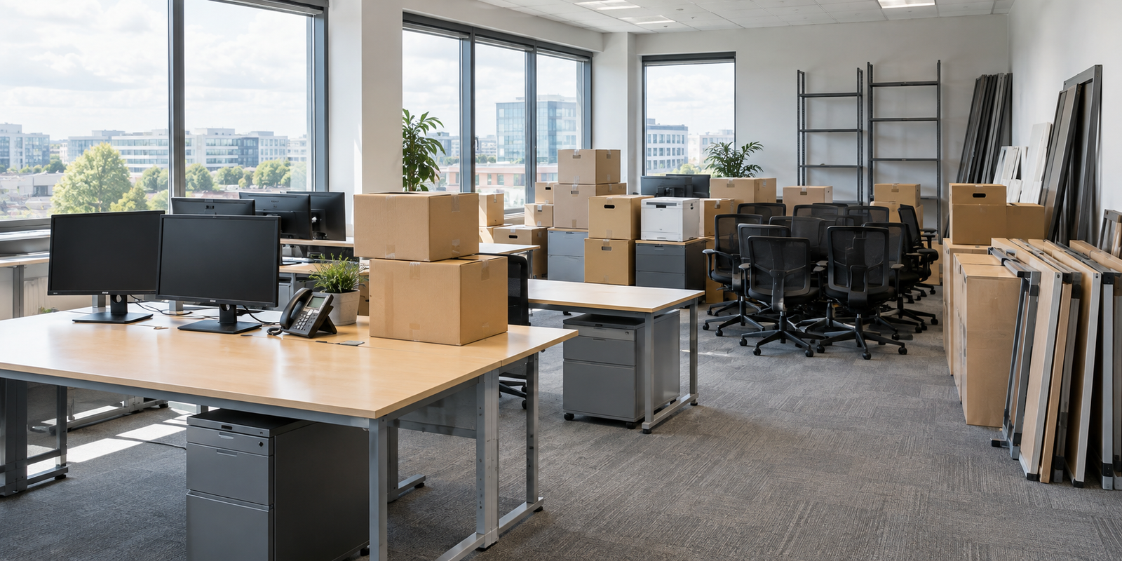 Office furniture, computers and boxes ready for clearance
